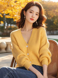 Lazy Yellow Knitted Cardigan Women's New Gentle Wind Korean V-Neck Loose Long-Sleeved Jacket In Autumn And Winter 2025 HZ1208