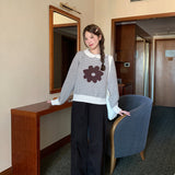 2025 Autumn And Winter New Korean Casual Small Collar Striped Flower Sweater Women's Loose Long-Sleeved Knitting Top HZ1208