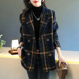 2025 Autumn And Winter New Fashion Korean Loose Thin Retro Lattice Splicing Hundred Suit Collar Hair Coat Woman HZ1220