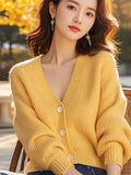 Lazy Yellow Knitted Cardigan Women's New Gentle Wind Korean V-Neck Loose Long-Sleeved Jacket In Autumn And Winter 2025 HZ1208
