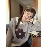 2025 Autumn And Winter New Korean Casual Small Collar Striped Flower Sweater Women's Loose Long-Sleeved Knitting Top HZ1208