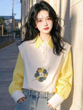 Korean Design Yellow Stripe Splicing Print POLO Collar Shirt Female Senior Sense Light Luxury To Reduce The Age Of The Gas Blouse HZ1208