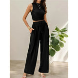 2025 Summer Knitting Casual Suit Sleeveless Round Collar Short Repair Body Broad Leg Pants Two Sets HZ1208