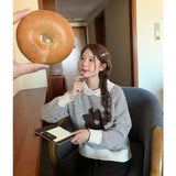 2025 Autumn And Winter New Korean Casual Small Collar Striped Flower Sweater Women's Loose Long-Sleeved Knitting Top HZ1208