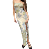 Summer New Temperament Elegant Wind Mesh Printing Open Body Tector Dress Dress Long Dress HZ1208