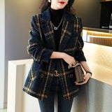 2025 Autumn And Winter New Fashion Korean Loose Thin Retro Lattice Splicing Hundred Suit Collar Hair Coat Woman HZ1220