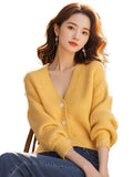 Lazy Yellow Knitted Cardigan Women's New Gentle Wind Korean V-Neck Loose Long-Sleeved Jacket In Autumn And Winter 2025 HZ1208