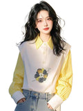 Korean Design Yellow Stripe Splicing Print POLO Collar Shirt Female Senior Sense Light Luxury To Reduce The Age Of The Gas Blouse HZ1208
