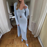 2025 Hot Knitted Hollow Vest Long Skirt + Long Sleeve Open Shirt Set Women's Soft Knitwear Shirt HZ1208