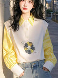 Korean Design Yellow Stripe Splicing Print POLO Collar Shirt Female Senior Sense Light Luxury To Reduce The Age Of The Gas Blouse HZ1208