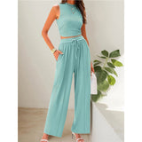 2025 Summer Knitting Casual Suit Sleeveless Round Collar Short Repair Body Broad Leg Pants Two Sets HZ1208